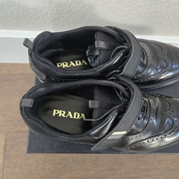 PRADA Black Leather Hook & Loop Men's Wingtin Brogues Oxfords Italy 12US - Picture 2 of 11